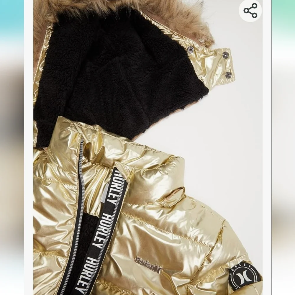 Hurley girls metallic gold and black winter puffer jacket faux fur lined New!